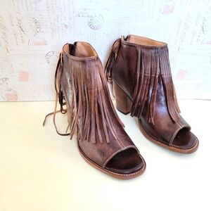 Fringed Open-Toe Leather Ankle Booties